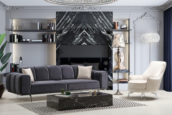 Conjunto completo de sofá de tres plazas, sillón y sofá en tela gris.