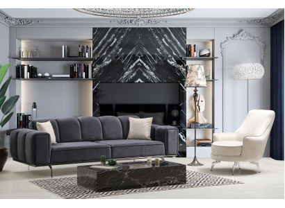 Conjunto completo de sofá de tres plazas, sillón y sofá en tela gris.