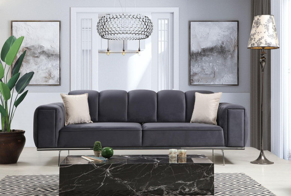 Conjunto completo de sofá de tres plazas, sillón y sofá en tela gris.