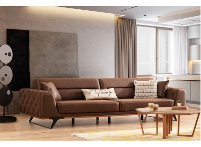 Chesterfield sofá de 4 plazas de cuero artificial marrón.