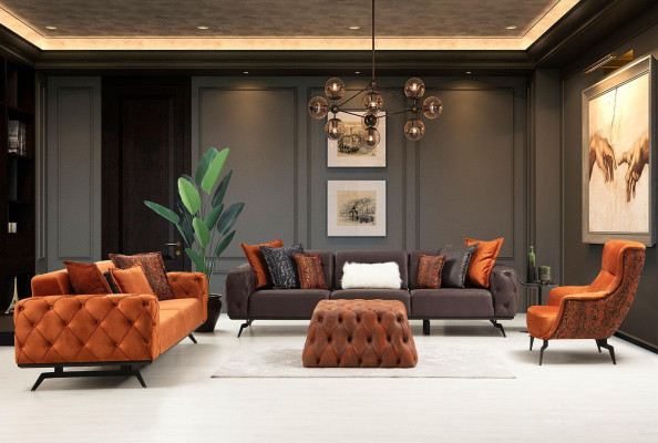 Conjunto de sofás de cuatro plazas, sofá de tres plazas y sillón naranja. Sofá de 3 piezas de tela.