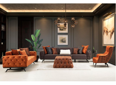 Conjunto de sofás de cuatro plazas, sofá de tres plazas y sillón naranja. Sofá de 3 piezas de tela.