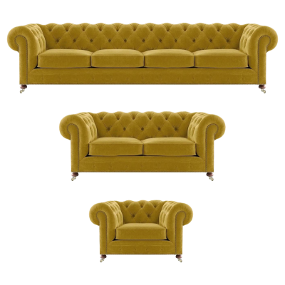Amarillo de lujo conjunto completo de 4+2+1 sillones de salón Chesterfield tapizados en tela.