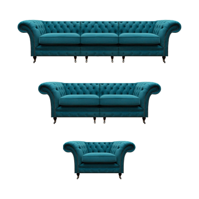 Conjunto de lujo de 3 piezas de sofás tapizados, sillón y sofá Chesterfield para la sala de estar.