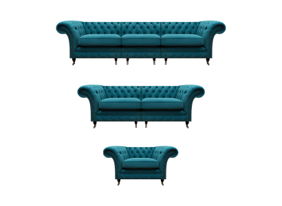 Conjunto de lujo de 3 piezas de sofás tapizados, sillón y sofá Chesterfield para la sala de estar.