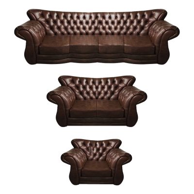 Conjunto de sofás Chesterfield para sala de estar de 3 piezas 4+2+1 en cuero de lujo con sillones.