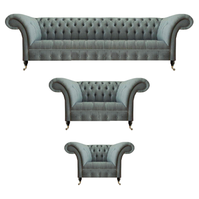 Sofá 3 piezas gris, sofás de lujo, sillón, sala de estar, decoración Chesterfield.