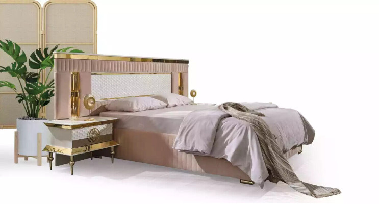 Conjunto de dormitorio beige con cama doble, 2 mesitas de noche y tocadores de 3 piezas.