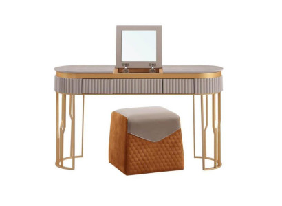 Mesa de maquillaje beige de diseñador, mesa de madera moderna, muebles de lujo para dormitorio.