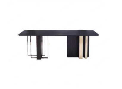 Gran mesa de comedor negra, mesa de madera, mesa de comedor de acero inoxidable.