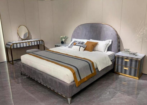 Juego de dormitorio gris: marco de cama, 2 mesitas de noche, cama doble, 3 piezas.