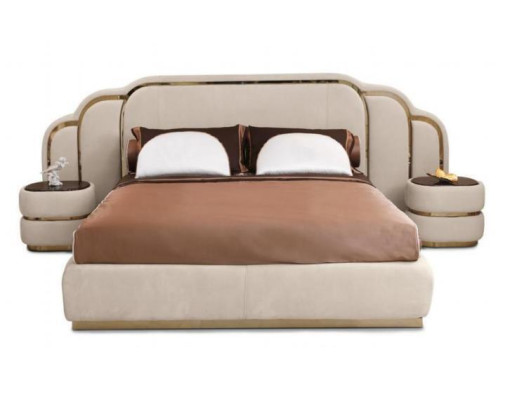 Muebles de dormitorio beige Cama 2x Mesitas de noche Conjunto de lujo de madera de 3 piezas