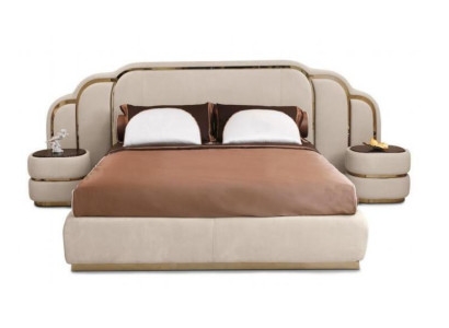 Muebles de dormitorio beige Cama 2x Mesitas de noche Conjunto de lujo de madera de 3 piezas