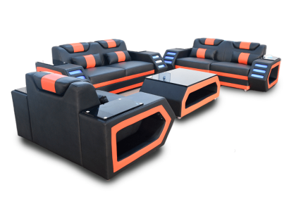 Sofá de diseñador con juego de sofás tapizados 3+2+1 con iluminación de cuero.