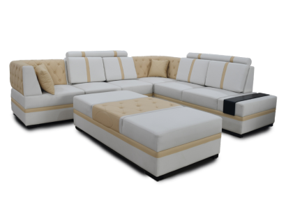 Sofá de diseñador de lujo con chaise longue y otomana, juego de salón en forma de L.