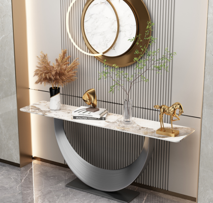 Diseñador de consolas de lujo moderno, mesa consola de acero inoxidable diseño plateado.