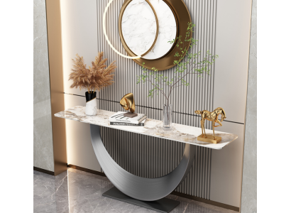 Diseñador de consolas de lujo moderno, mesa consola de acero inoxidable diseño plateado.