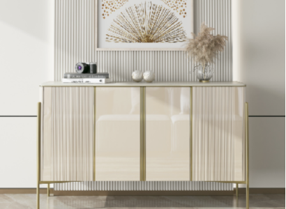 Aparador moderno de madera, mueble de salón bufet cómoda beige de lujo.