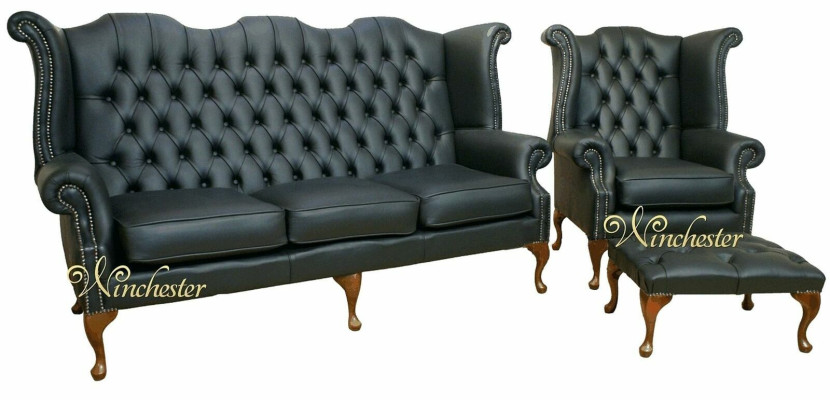 Sofá de cuero Chesterfield negro conjunto de tapizado de sofá 3+1 plazas butaca de orejas