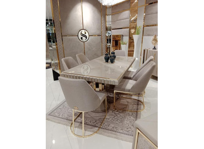 Mesa de lujo Beige Mesas de acero inoxidable Diseño italiano Mesas de comedor Mesa de comedor nueva