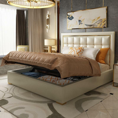Cama acolchada de diseño de lujo en gris, cama doble de 180x200cm para dormitorio de cuero de hotel.