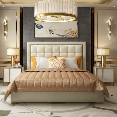 Cama acolchada de diseño de lujo en gris, cama doble de 180x200cm para dormitorio de cuero de hotel.