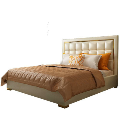 Cama acolchada de diseño de lujo en gris, cama doble de 180x200cm para dormitorio de cuero de hotel.