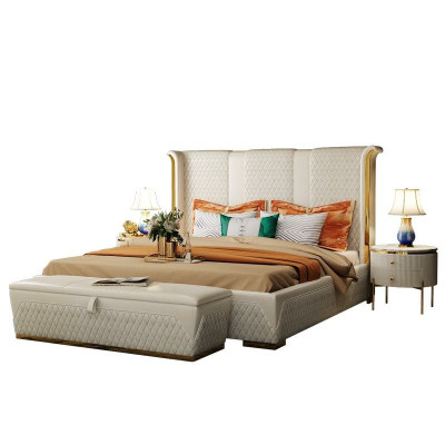 Cama doble Cama clásica Camas tapizadas de diseñador Estructura de cama Textil Cuero Blanco