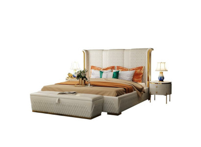 Cama doble Cama clásica Camas tapizadas de diseñador Estructura de cama Textil Cuero Blanco