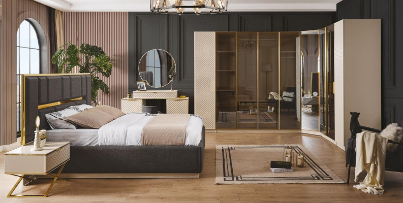 Elegante conjunto de dormitorio de 6 piezas de lujo en beige con muebles de madera, armario esquinero y mesita de noche.