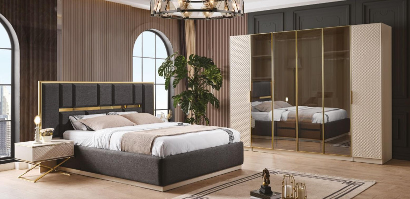 Lujoso set de dormitorio de 4 piezas con cama, 2 mesitas de noche y armario.