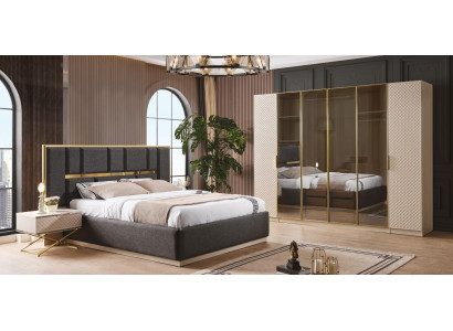 Lujoso set de dormitorio de 4 piezas con cama, 2 mesitas de noche y armario.
