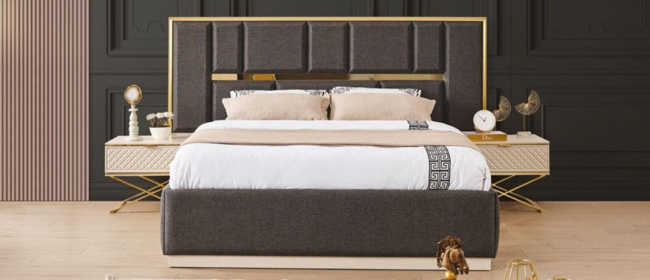 Lujoso set de dormitorio de 4 piezas con cama, 2 mesitas de noche y armario.