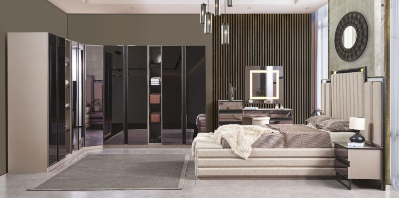 Juego de dormitorio de lujo 6 piezas Estilo moderno Juego de muebles de madera Cama Tocador