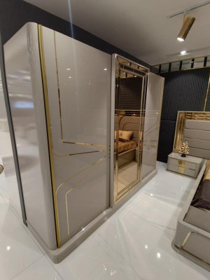 Moderno armario ropero de lujo madera gabinetes de vidrio alto brillo dormitorio.