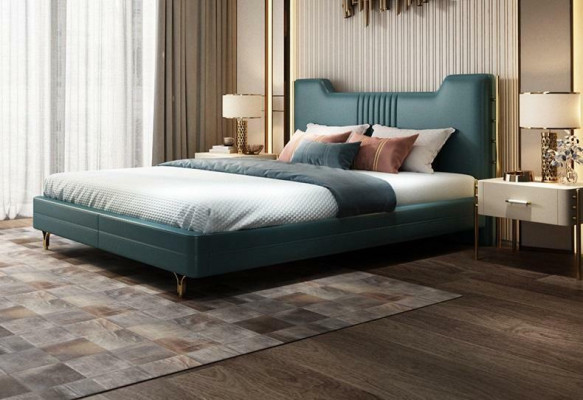 Moderna cama de diseñador de madera, elegantes muebles, camas dobles, nuevo dormitorio, tapizado.