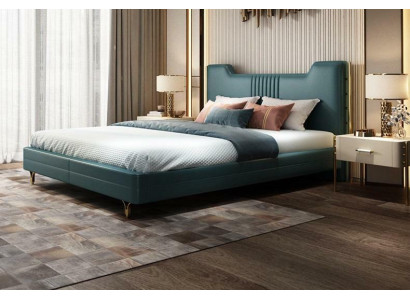 Moderna cama de diseñador de madera, elegantes muebles, camas dobles, nuevo dormitorio, tapizado.
