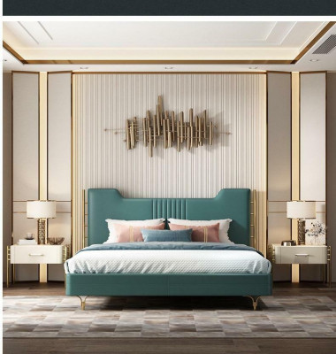 Moderna cama de diseñador de madera, elegantes muebles, camas dobles, nuevo dormitorio, tapizado.