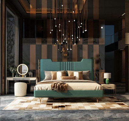 Moderna cama de diseñador de madera, elegantes muebles, camas dobles, nuevo dormitorio, tapizado.