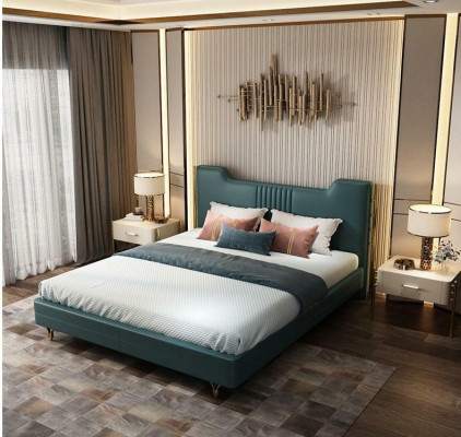 Moderna cama de diseñador de madera, elegantes muebles, camas dobles, nuevo dormitorio, tapizado.
