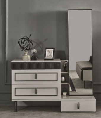 Juego de dormitorio de 2 piezas: cómoda con espejo, diseño moderno de lujo, muebles nuevos.