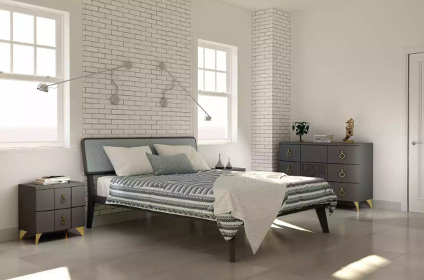 Conjunto de dormitorio Cama de lujo 2 mesitas de noche Gris diseño 3 piezas Cómoda