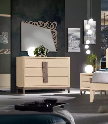Juego de dormitorio de lujo, cómoda con espejo, muebles de diseño de madera beige de 3 piezas.
