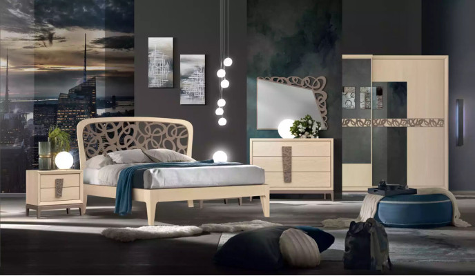Juego de dormitorio de lujo, cómoda con espejo, muebles de diseño de madera beige de 3 piezas.