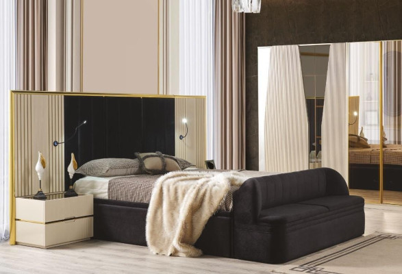 Juego de dormitorio de lujo de 4 piezas de elegantes muebles de madera: armario, mesita de noche, taburete.