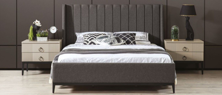 Conjunto de dormitorio elegante cama y 2 mesitas de noche muebles de lujo 3 piezas gris