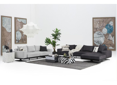 Sofá de esquina en forma de L de dos plazas en gris de tela, juego de 3 piezas.