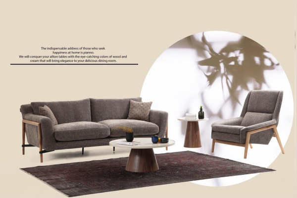 Sofá de tres plazas de diseño moderno de tela gris para la sala de estar.