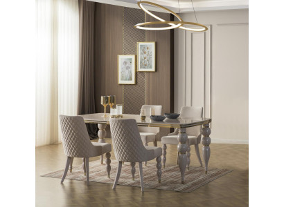 Grupo de comedor beige oscuro Conjunto de lujo de diseñador con mesa de comedor de madera y 6 sillas, set de 7 piezas