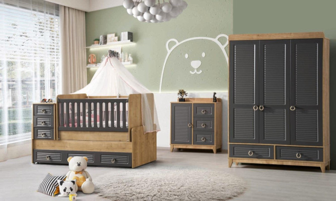 Elegante muebles de habitación infantil, habitación infantil, cama infantil gris de madera, set de 4 piezas.